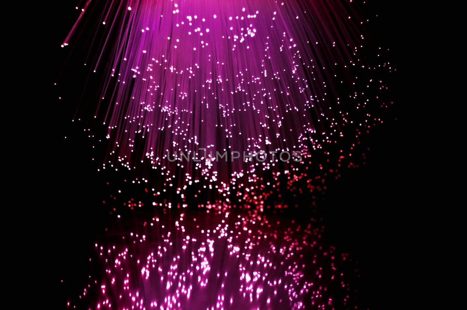 Pink and red fibre optic light strands reflecting in the foreground.