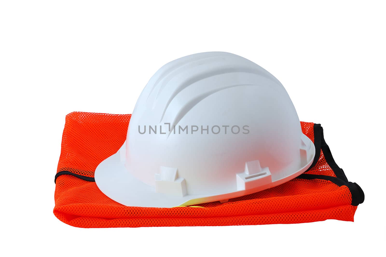 Work safety set including helmet and orange vest isolated on white