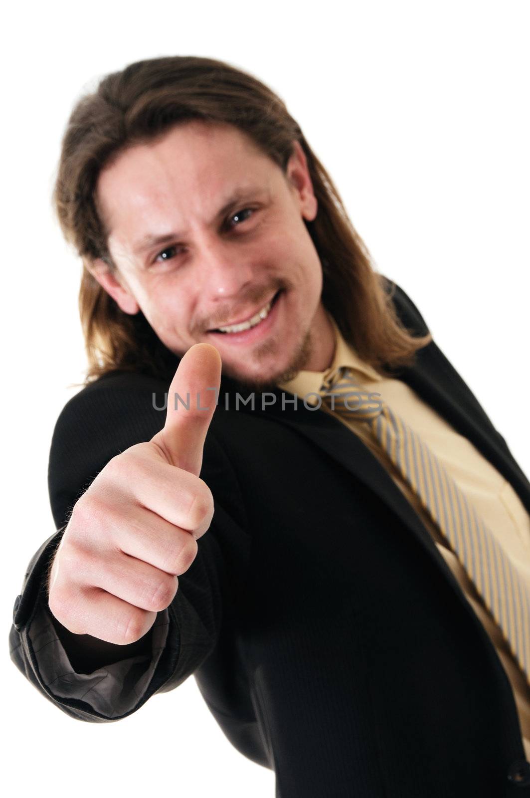 Young successful businessman with thumbs up isolated on white background.