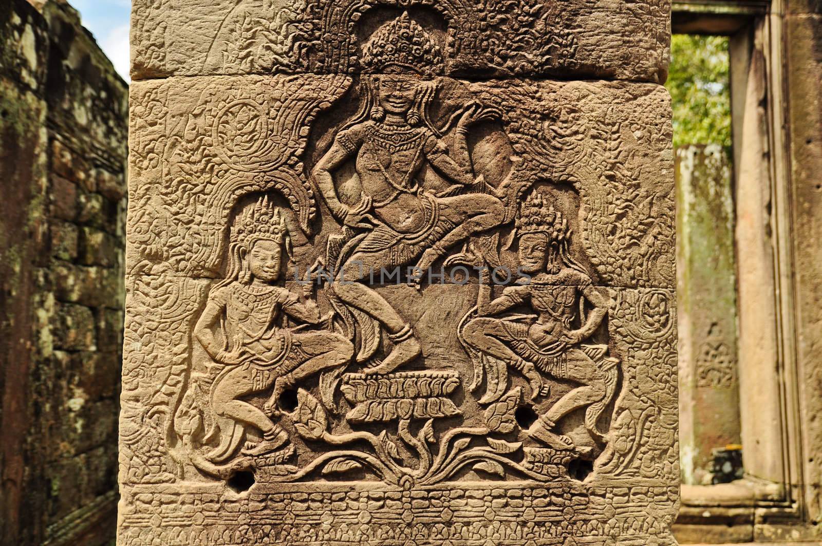 Apsara carved on the stone at bayon, cambodia