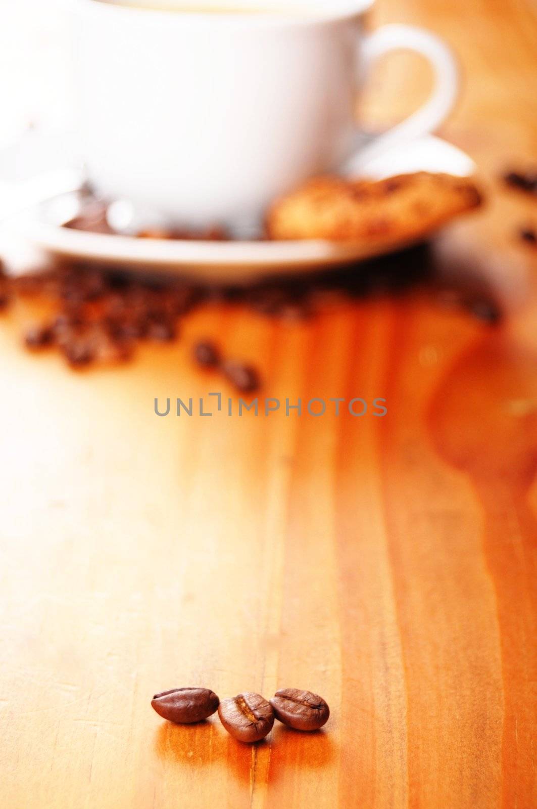 coffee concept with beans cup and defocus copyspace