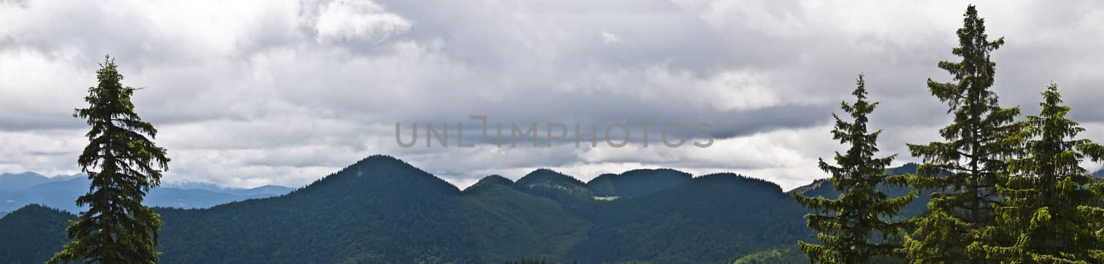 Panorama background in Carpathians. Beautiful mountains and landscape in Romania.