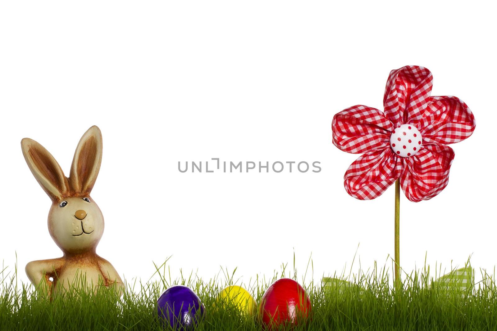 easter bunny behind grass with drapery flower and easter eggs with white background
