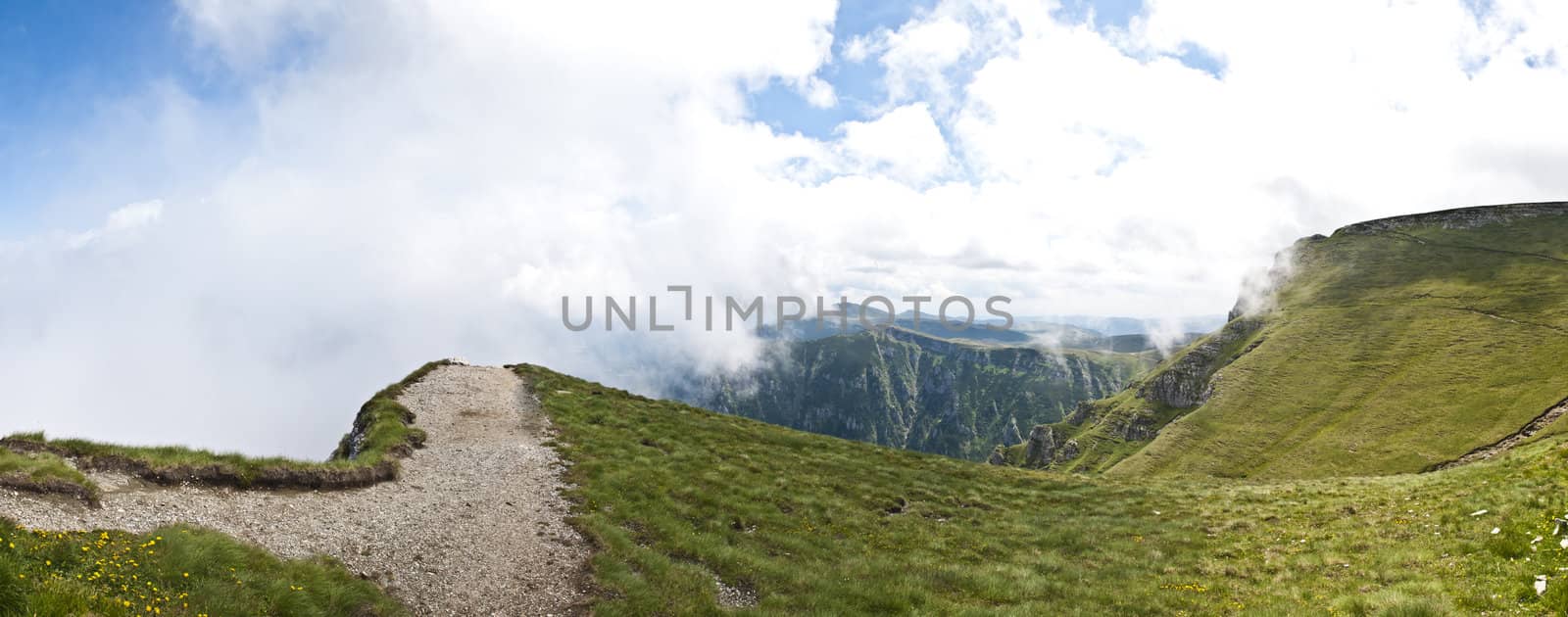 Panorama background in Carpathians. Beautiful mountains and landscape in Romania.