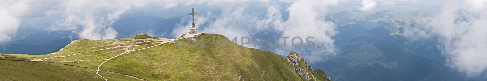 Panorama background in Carpathians. Beautiful mountains and landscape in Romania.