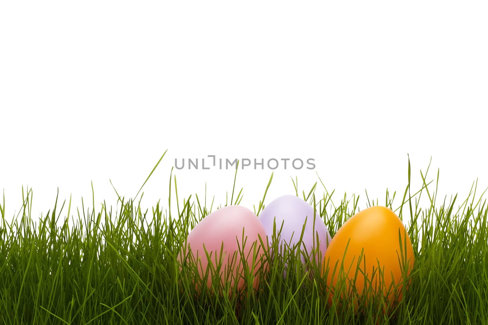 three pastel easter eggs in grass with white background