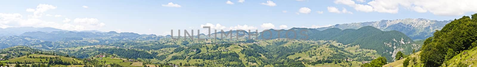 Panorama background in Carpathians. Beautiful mountains and landscape in Romania.