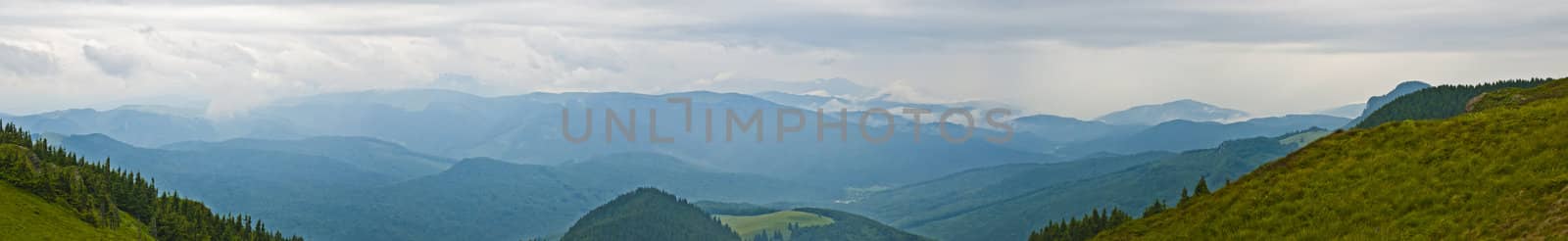 Panorama background in Carpathians. Beautiful mountains and landscape in Romania.