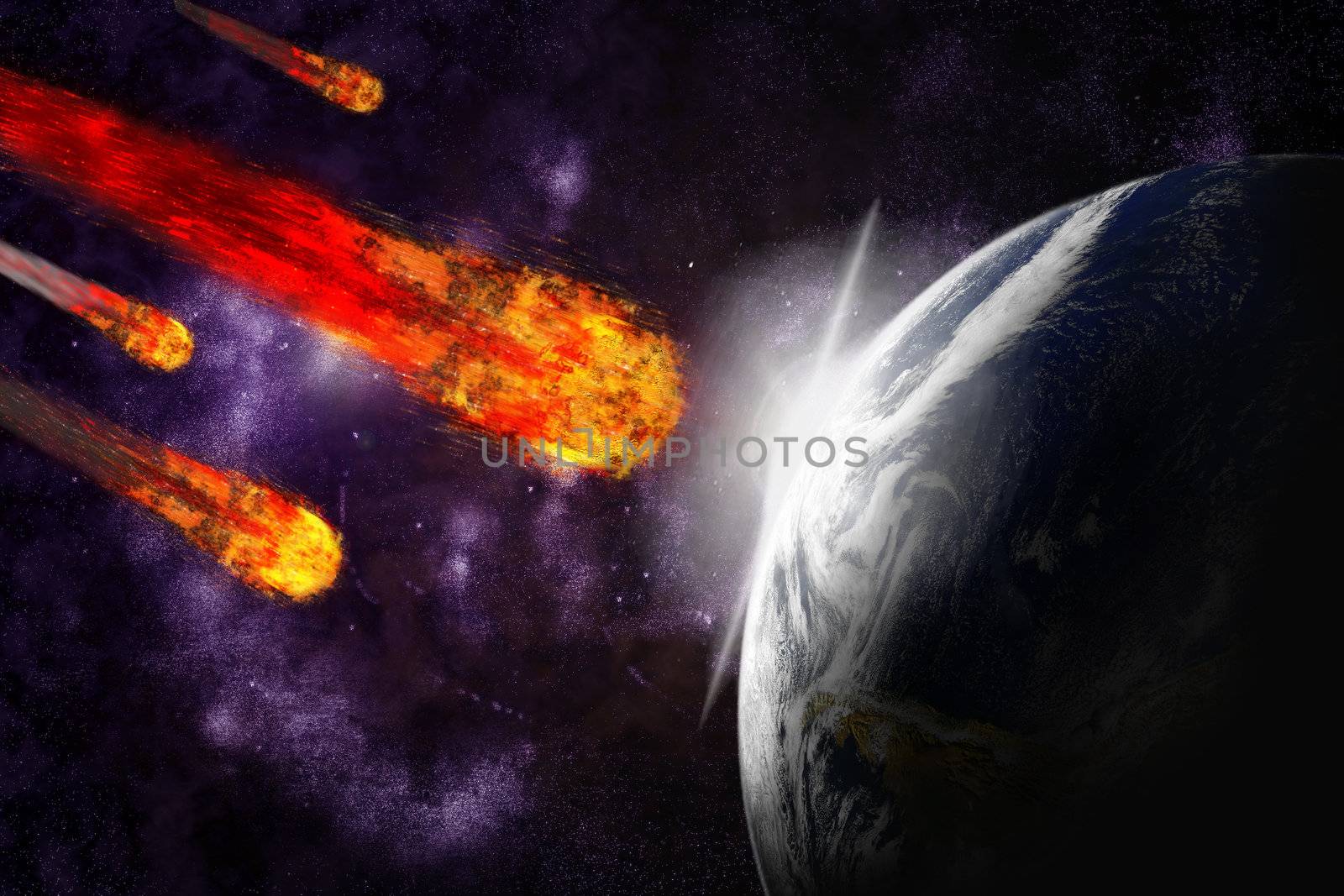 Asteroid and earth planet on starfield abstract background. Illustration meteor impact.