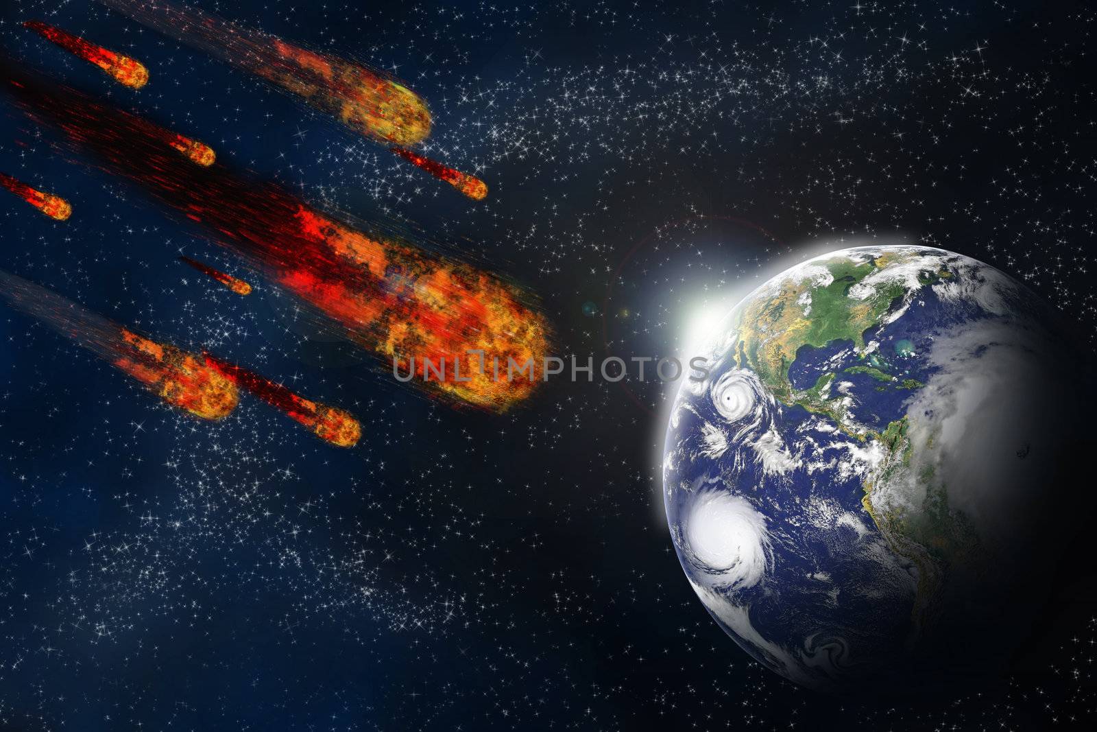 Asteroid and earth planet on starfield abstract background. Illu by mozzyb