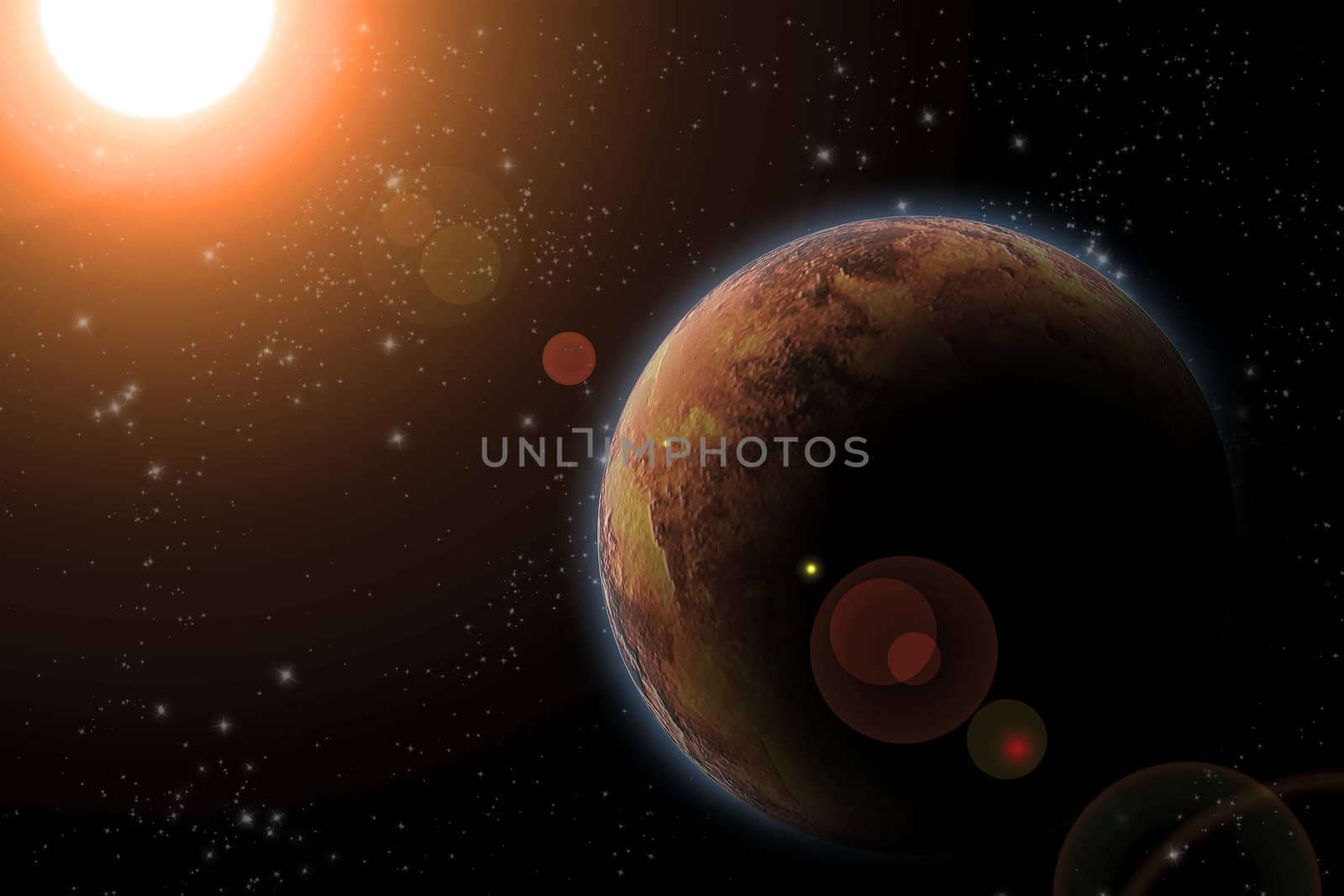 Deep space, planet and sun background. Realistic abstract illust by mozzyb