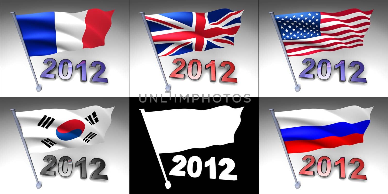 Five flags on a pole with 2012 design at bottom and alpha channel