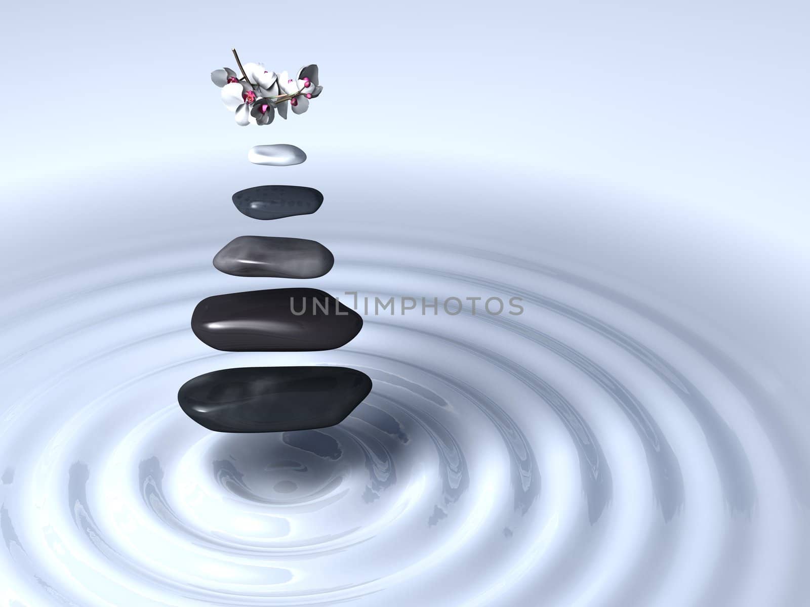 Five stones and white orchids in levitation above white regular and circular waves