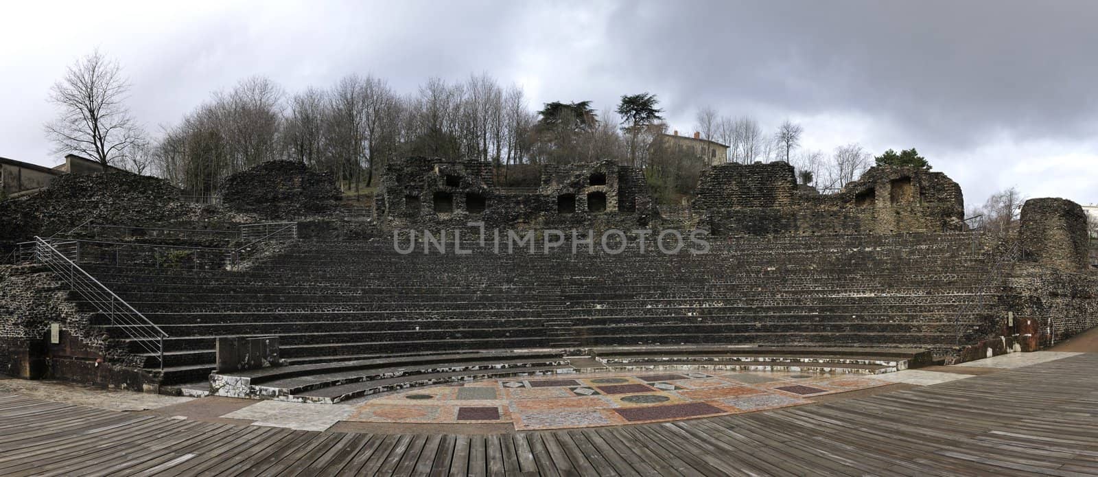 Panoramic view of an old Roman theatre in Lyon city