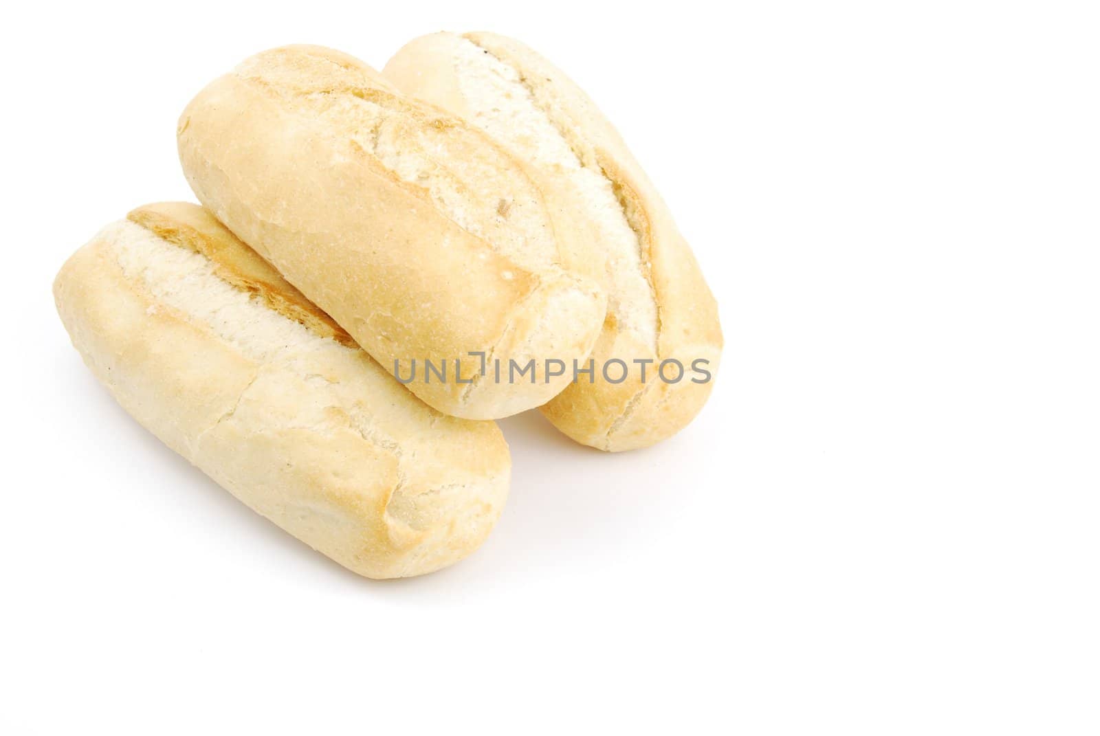 three fresh and baked white wheat bread baguette (isolated on white background)