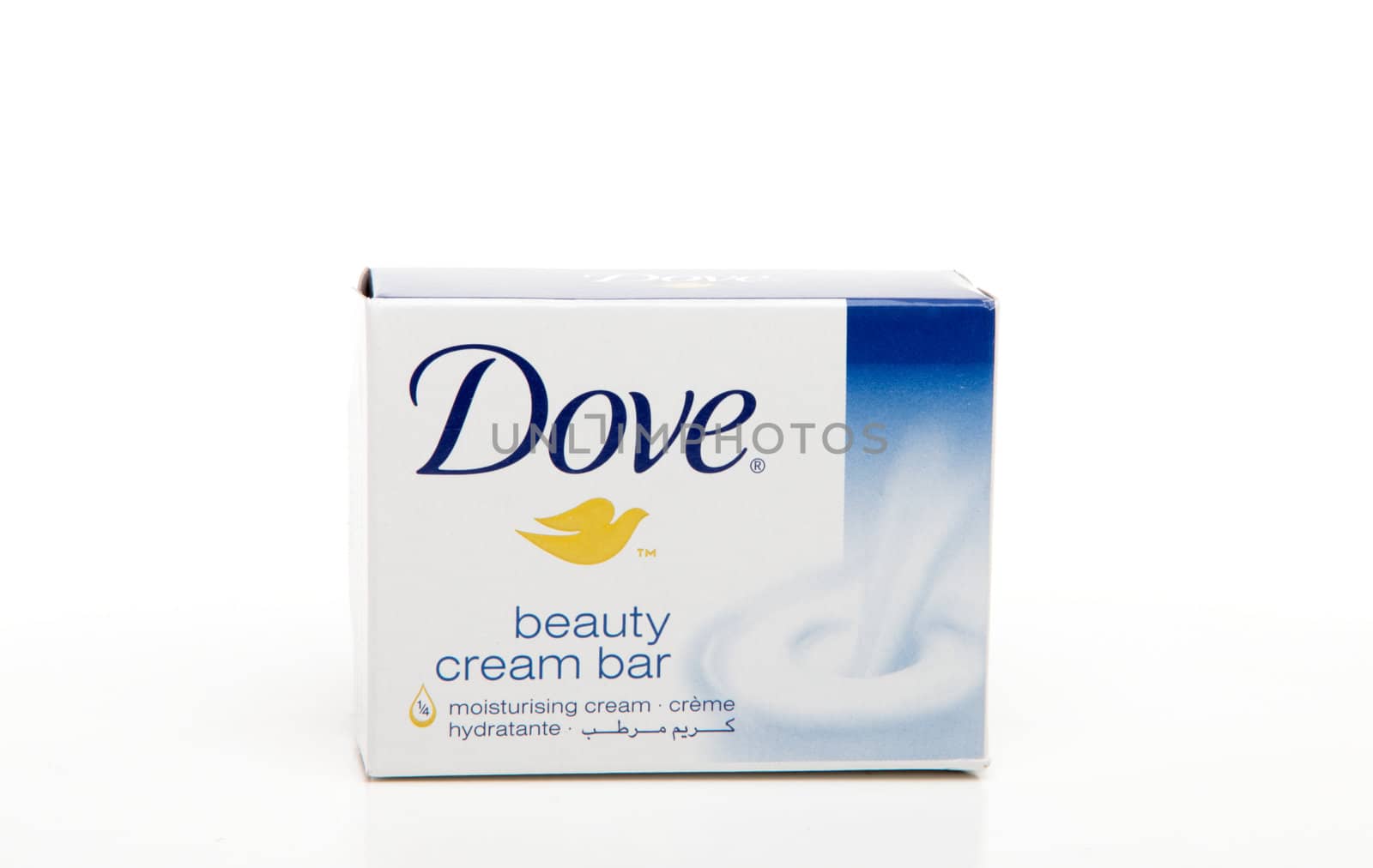 Dove cream soap bar.  Dove soap with 1/4 moisturizing lotion hydrates and nourishes skin.  Dove is manufactured by Unilever.  White background.  Editorial use Only.