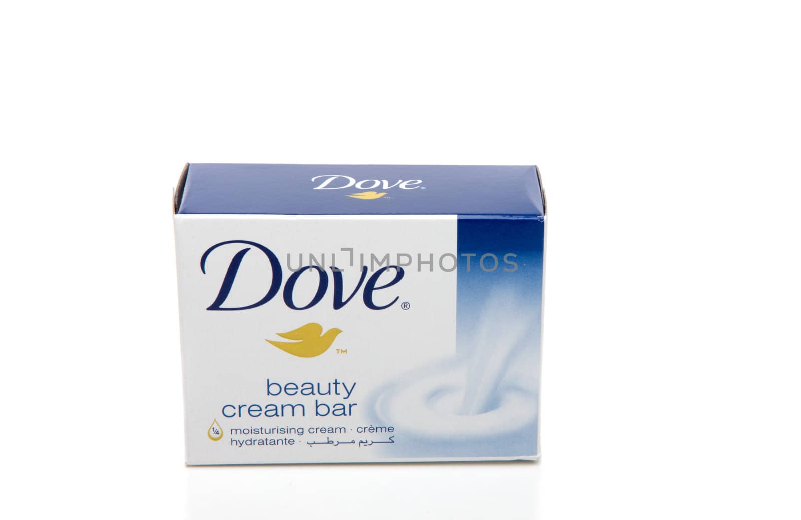A box of Dove, beauty cream soap.  Dove soap with 1/4 moisturizing lotion improves the condition of your skin, leaving it feeling softer and smoother than with ordinary soap.  Dove is made by Unilever.  White background.  Editorial use only.

