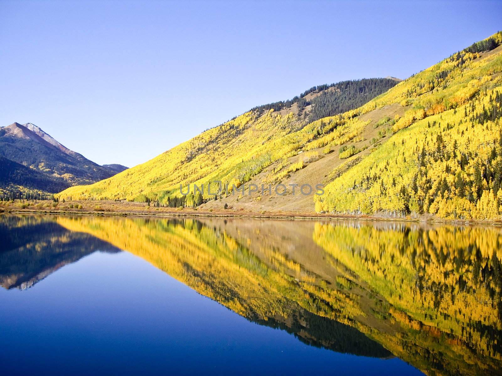 Crystal Lake reflections of Fall color in high mountains of Colorado