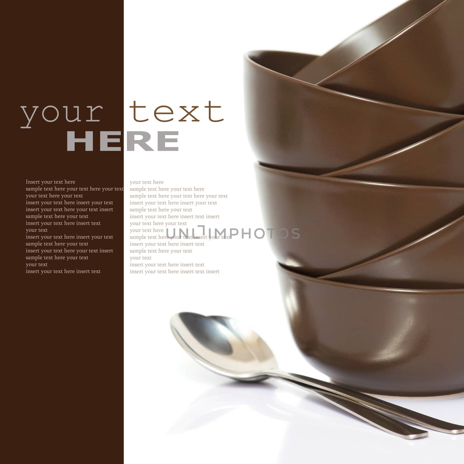 Stack of bowls and spoons(with sample text)