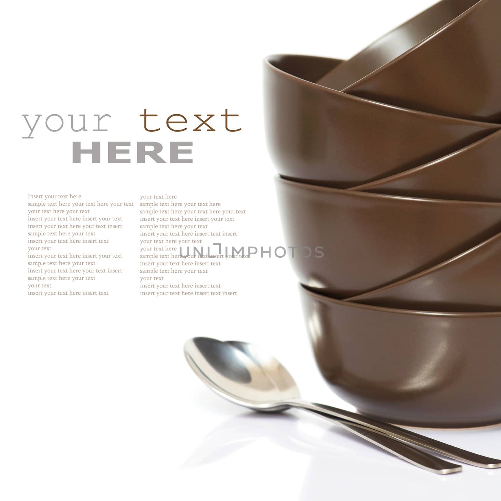 Stack of bowls and spoons(with sample text)