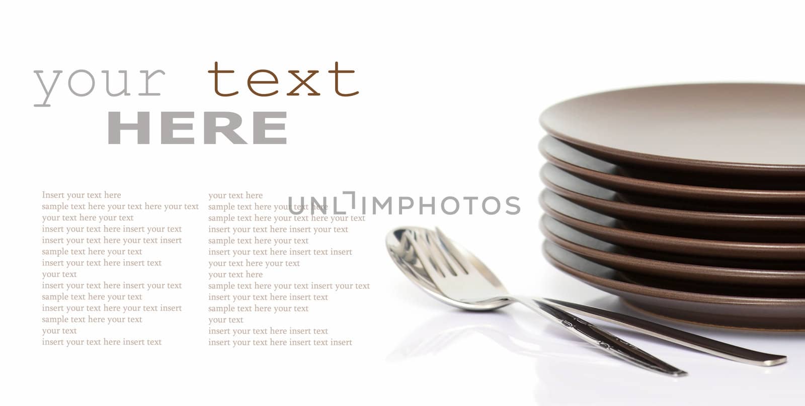 Stack of brown round plates with spoon and fork (with sample text)