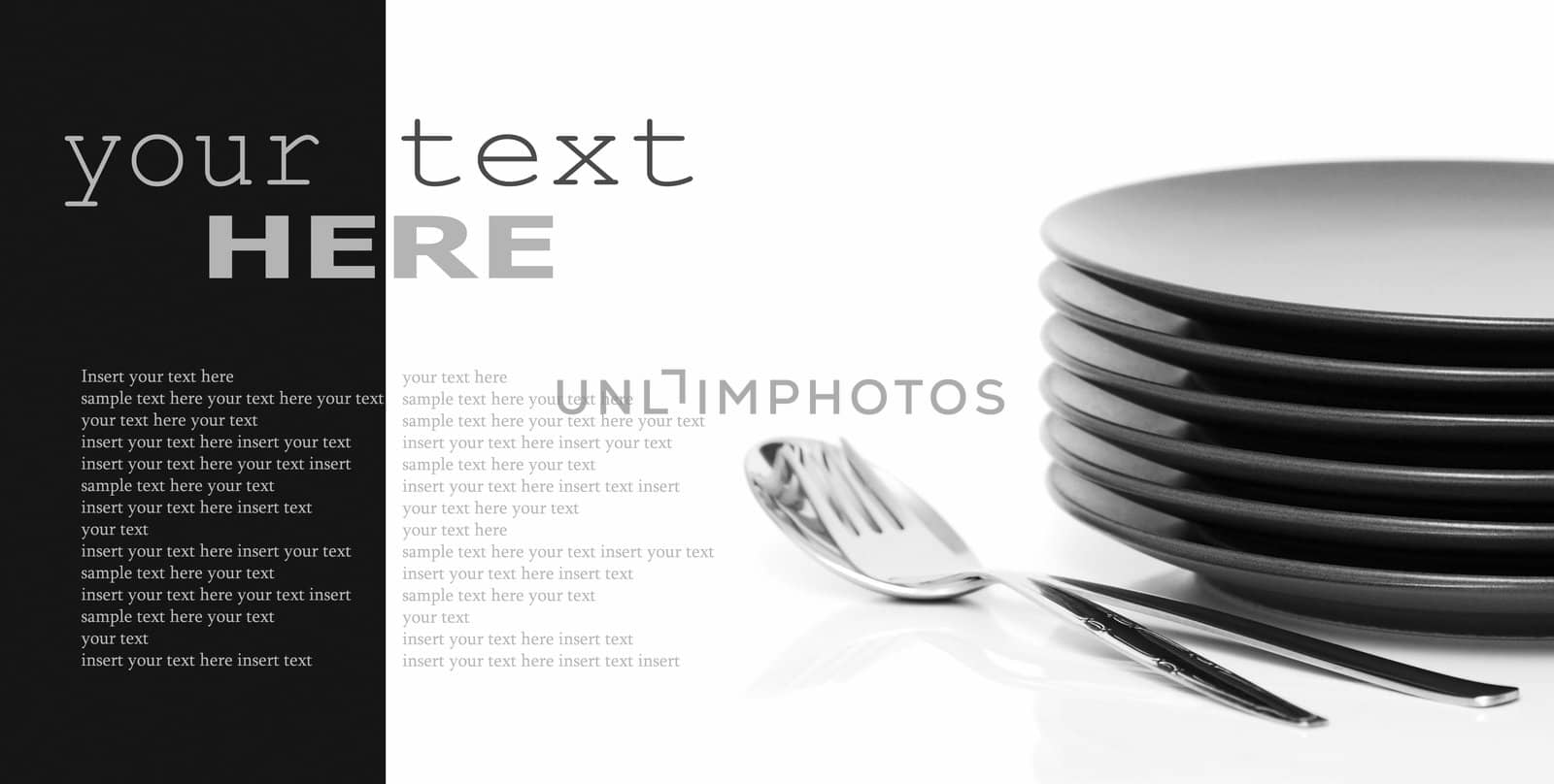 Stack of brown round plates with spoon and fork. Black and white image (with sample text)
