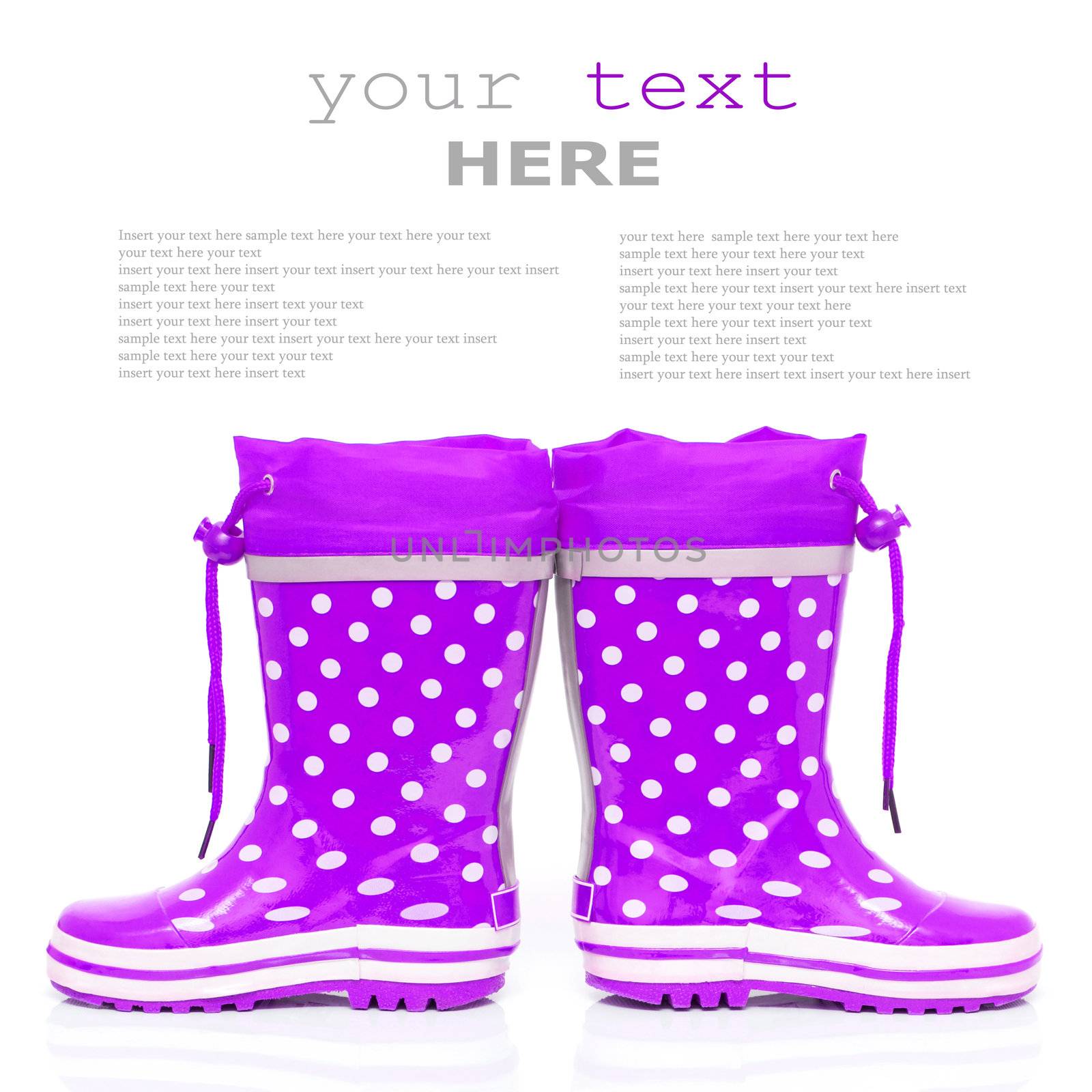 Purple rubber boots for kids isolated on white background (with sample text)