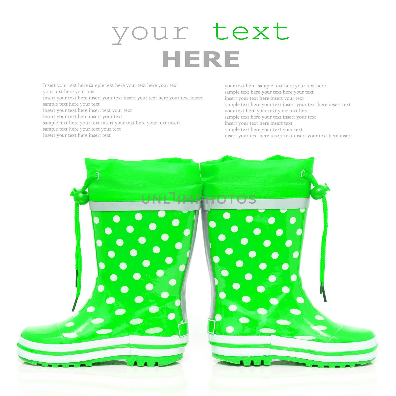 Green rubber boots for kids isolated on white background (with sample text)