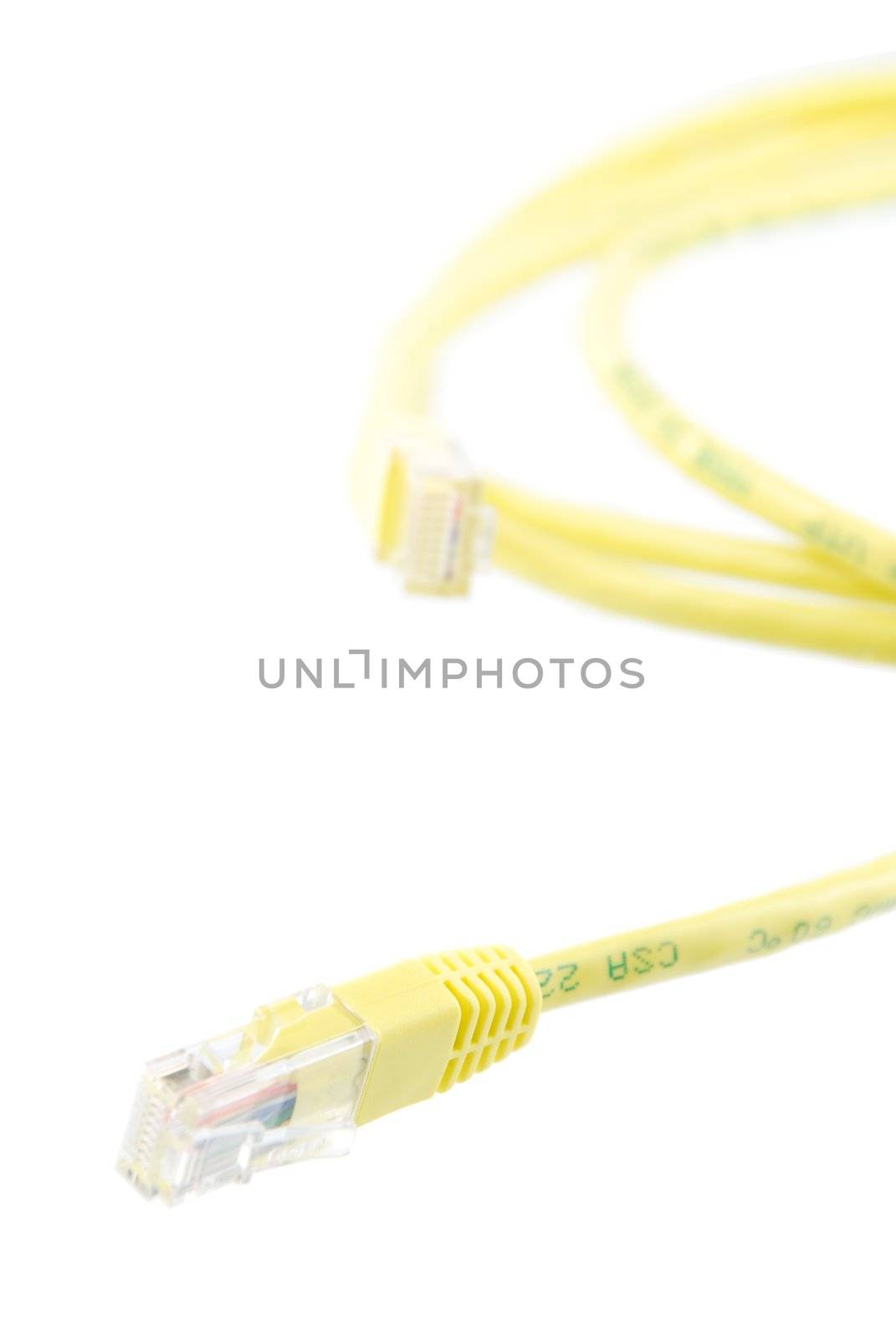 yellow RJ-45 ethernet cable isolated on white background
