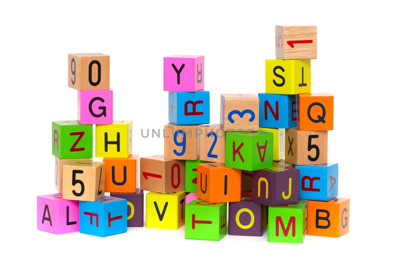 Wooden blocks with letters and numbers on white background