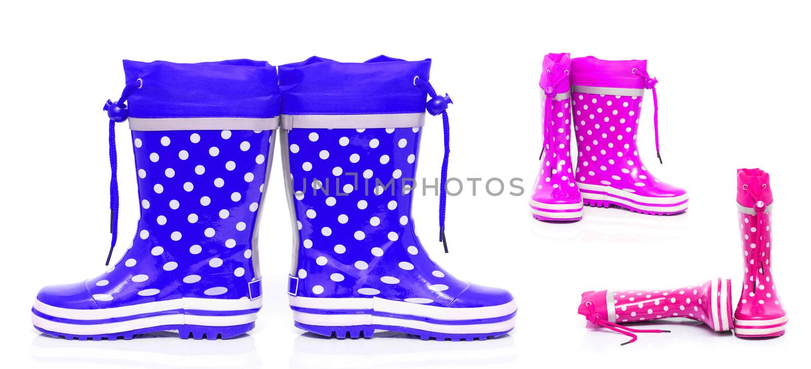 Collage of colorful rubber boots for kids isolated on white background 