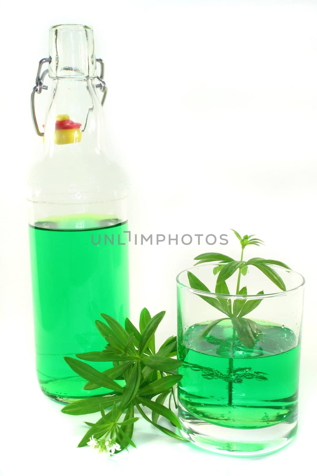 Woodruff sherbet in a glass of fresh woodruff with flower