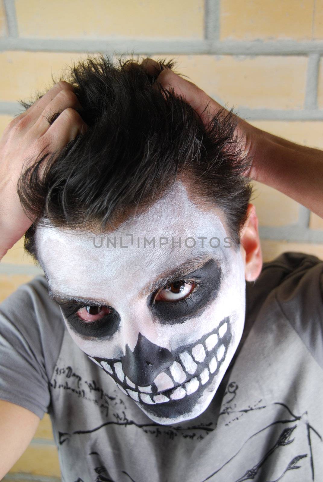 frustrated skeleton guy, portrait of a creepy skeleton guy perfect for Carnival (brick wall background)
