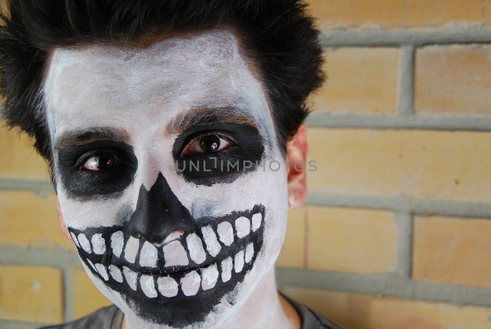 portrait of a creepy skeleton guy perfect for Carnival (brick wall background)
