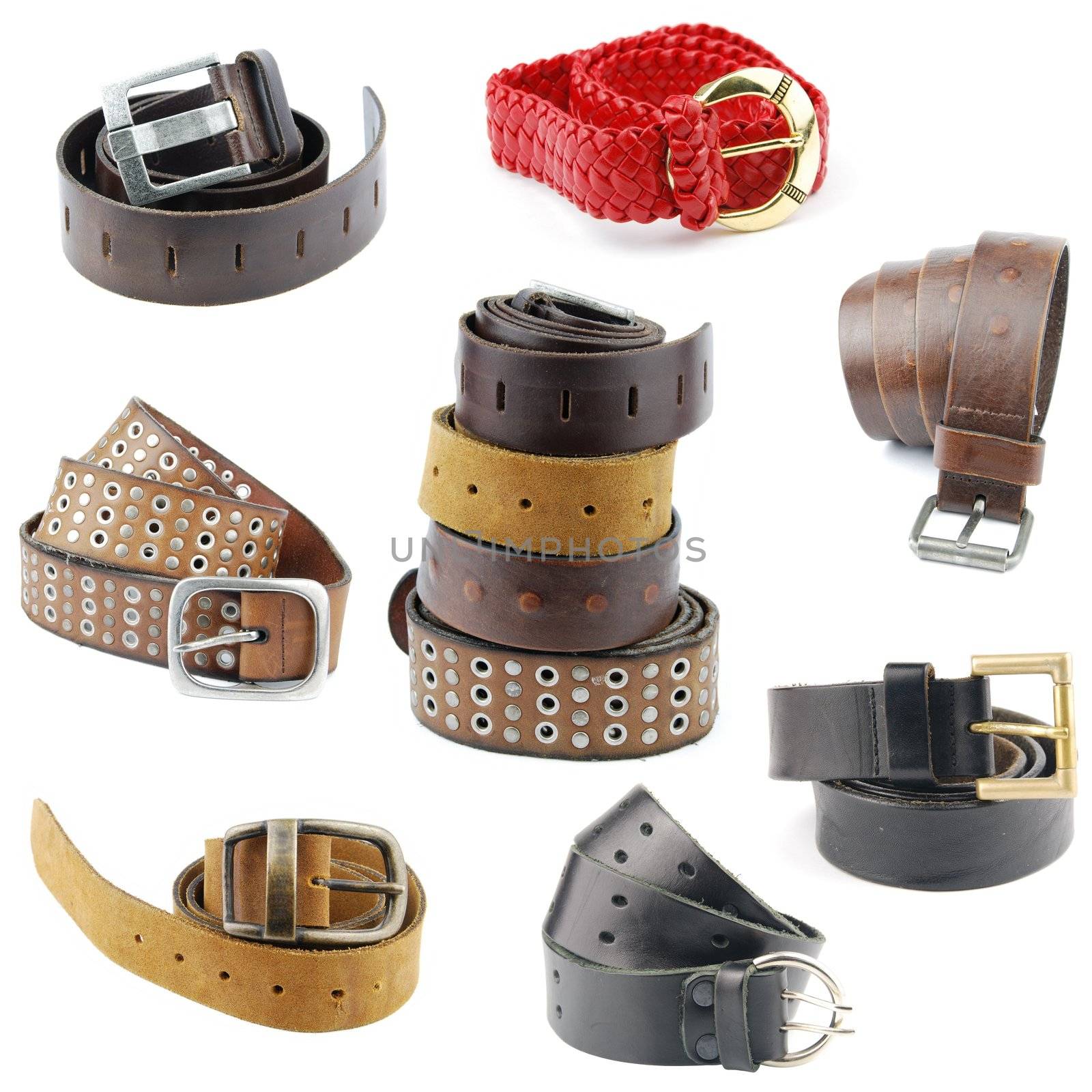 Collection of leather belts on white by luissantos84