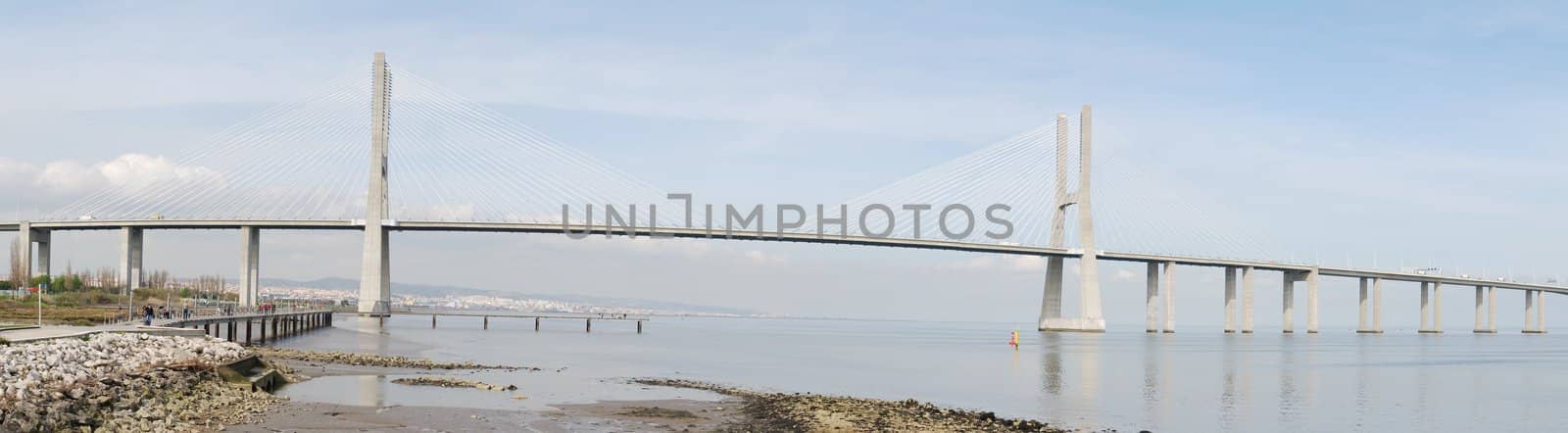 panoramic view of the longest bridge in Europe known as Vasco da Gama (over the Tagus river)