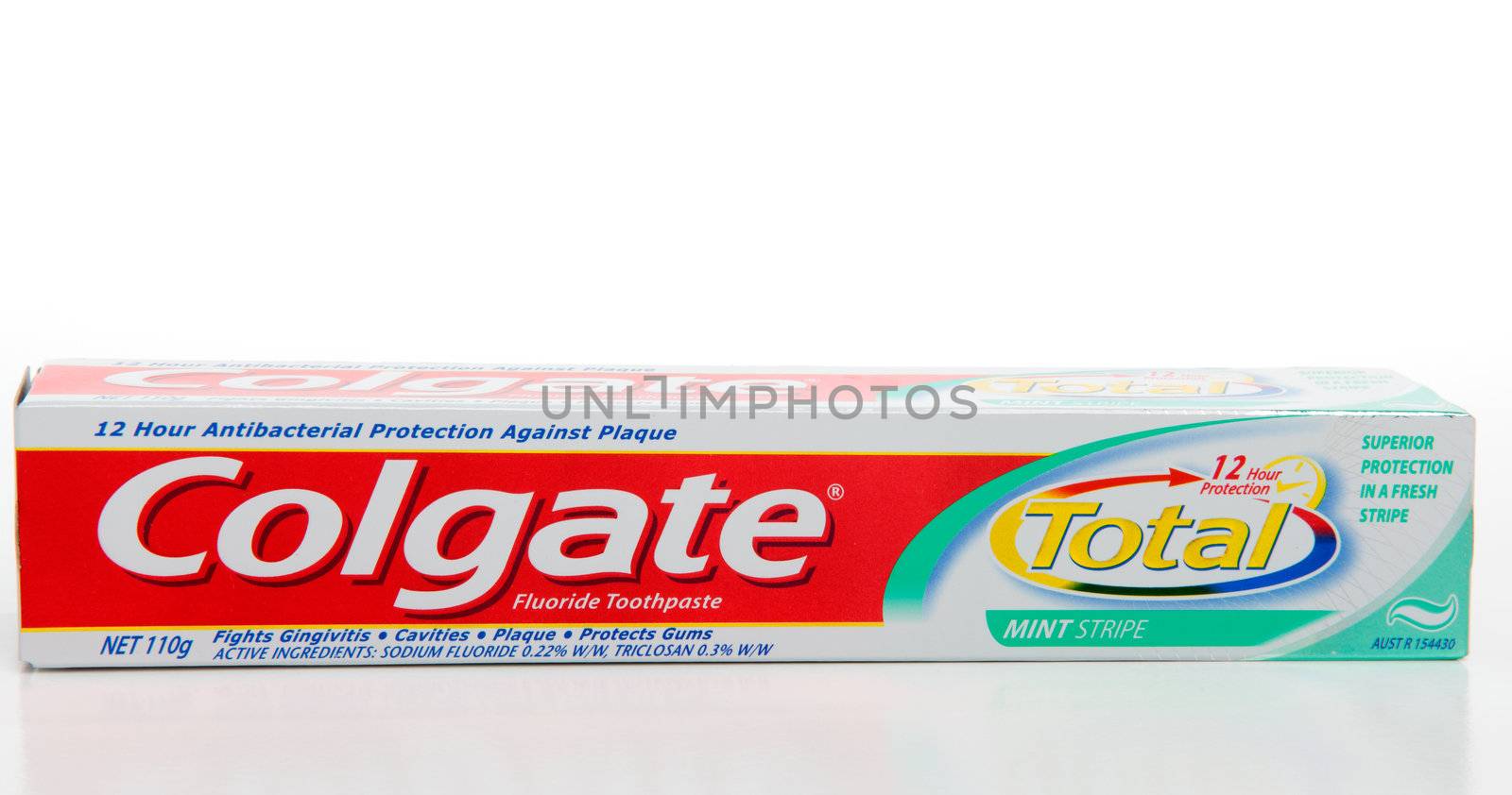 Colgate Total Protect toothpaste.  Provides 12 hours of antibacterial protection, fights gingivitis, cavities, plaque and protects gums.  White background.  Editorial Use Only.