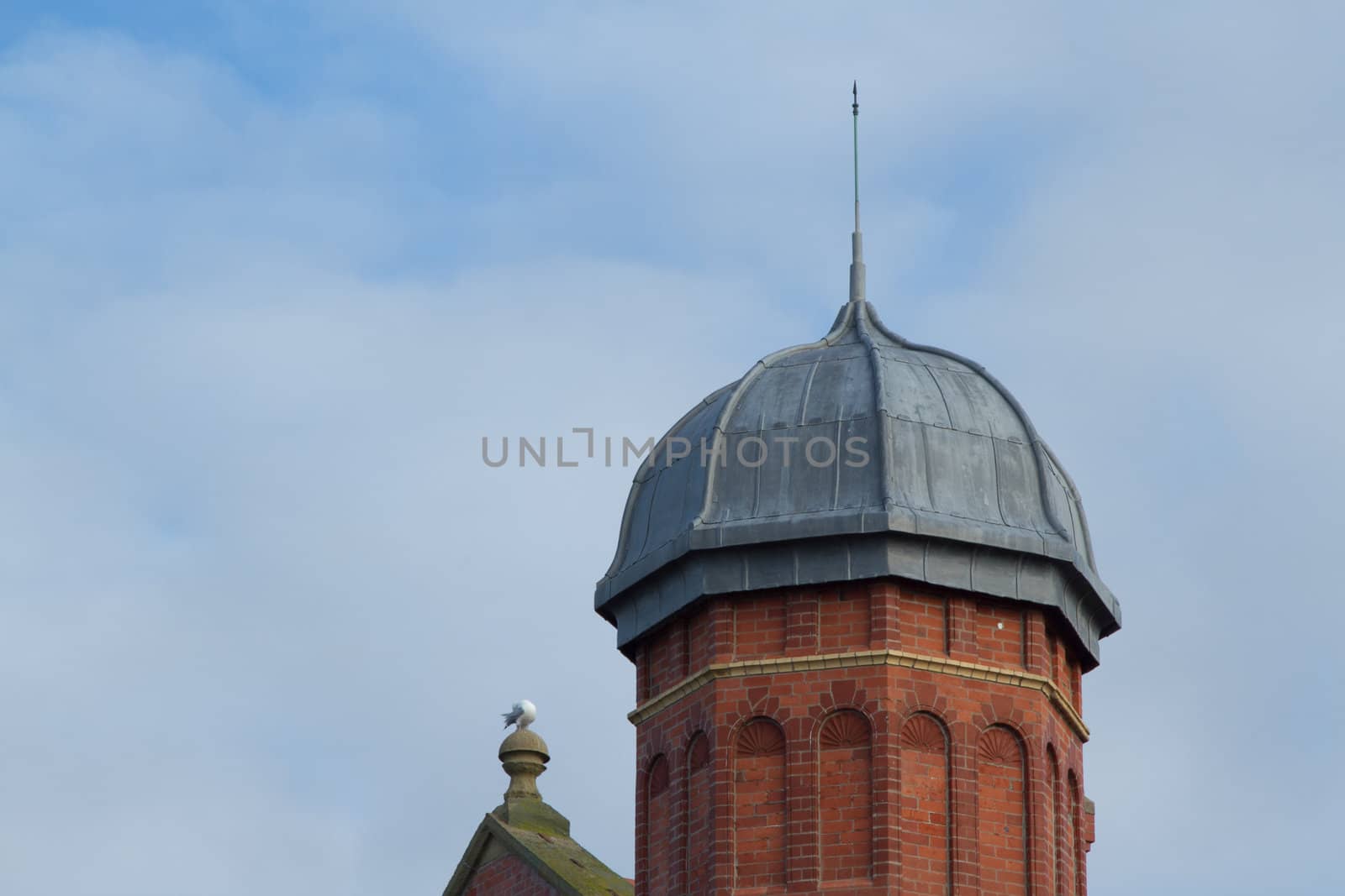 Dome roof made of lead showing high skilled craftmanship with detailed work on top of a red brick tower.