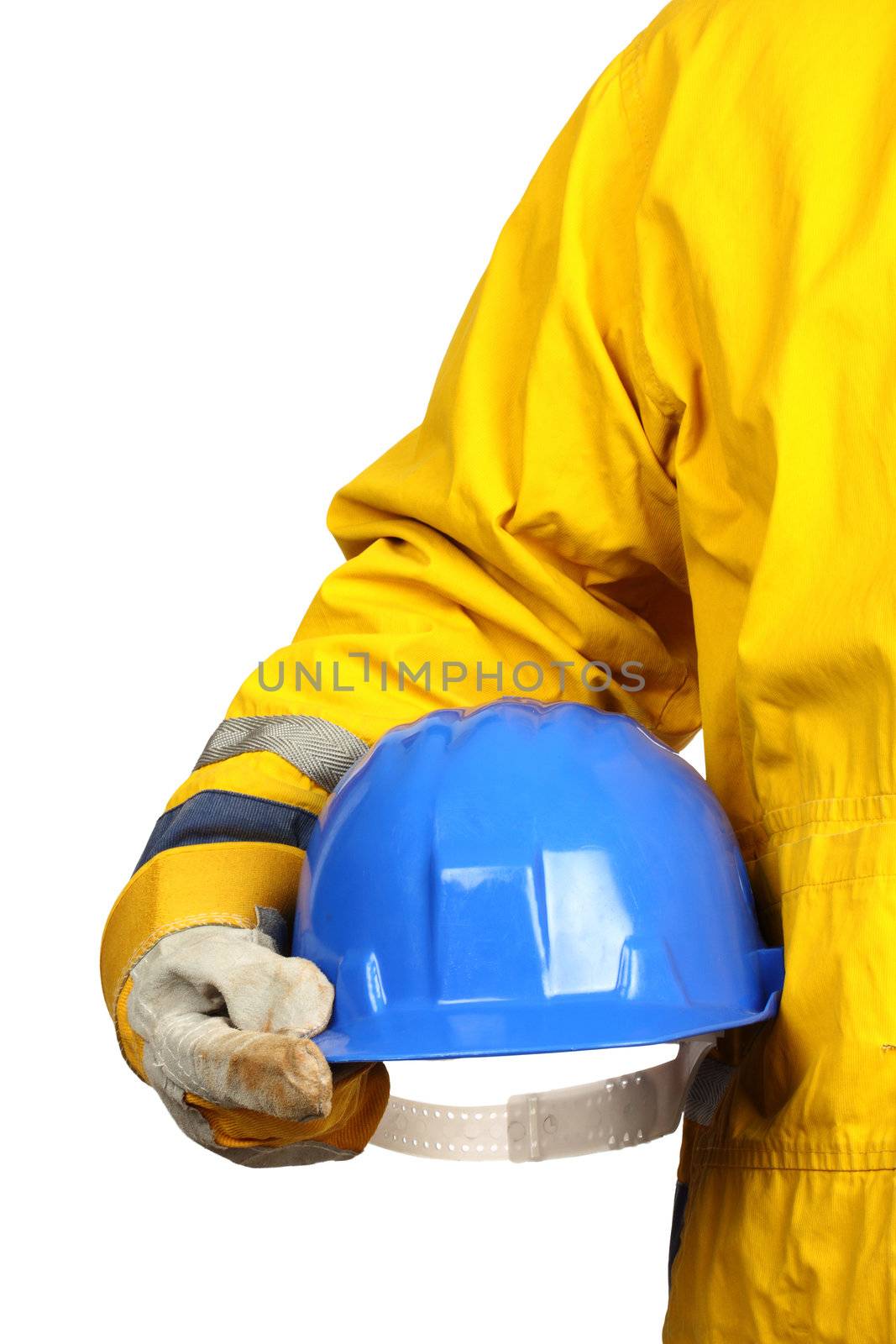 man holding blue helmet over white