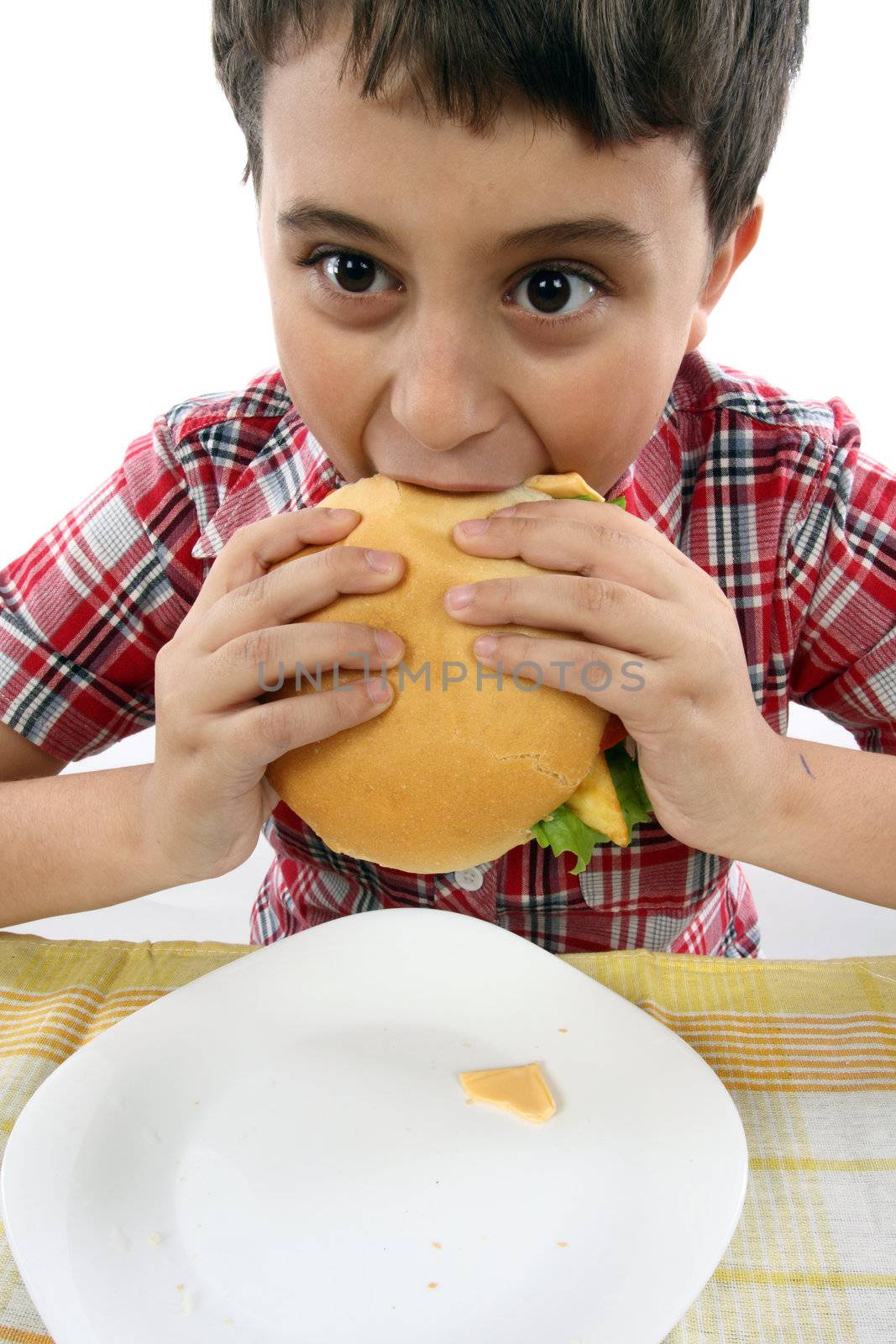 boy eating a big hamburger close up