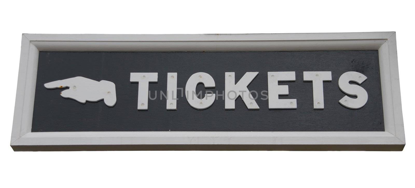 vintage and wooden tickets sign (isolated on white background)