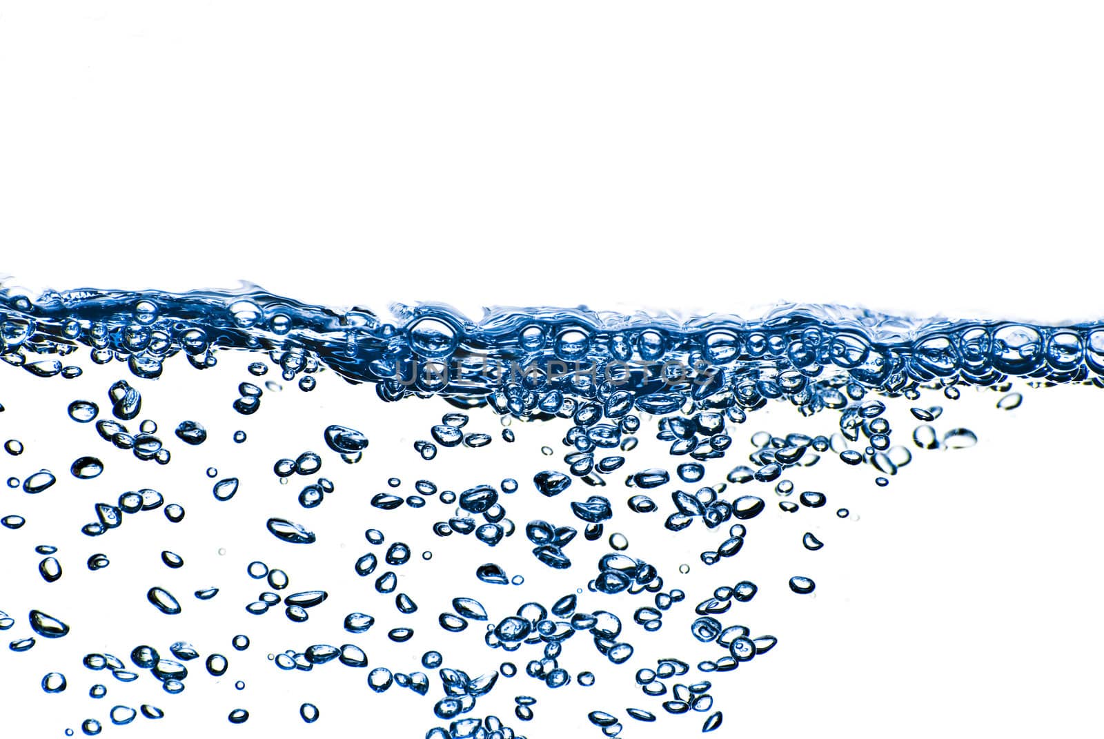 Isolated blue water splashing with bubbles and water drops - abstract blue background environmental theme