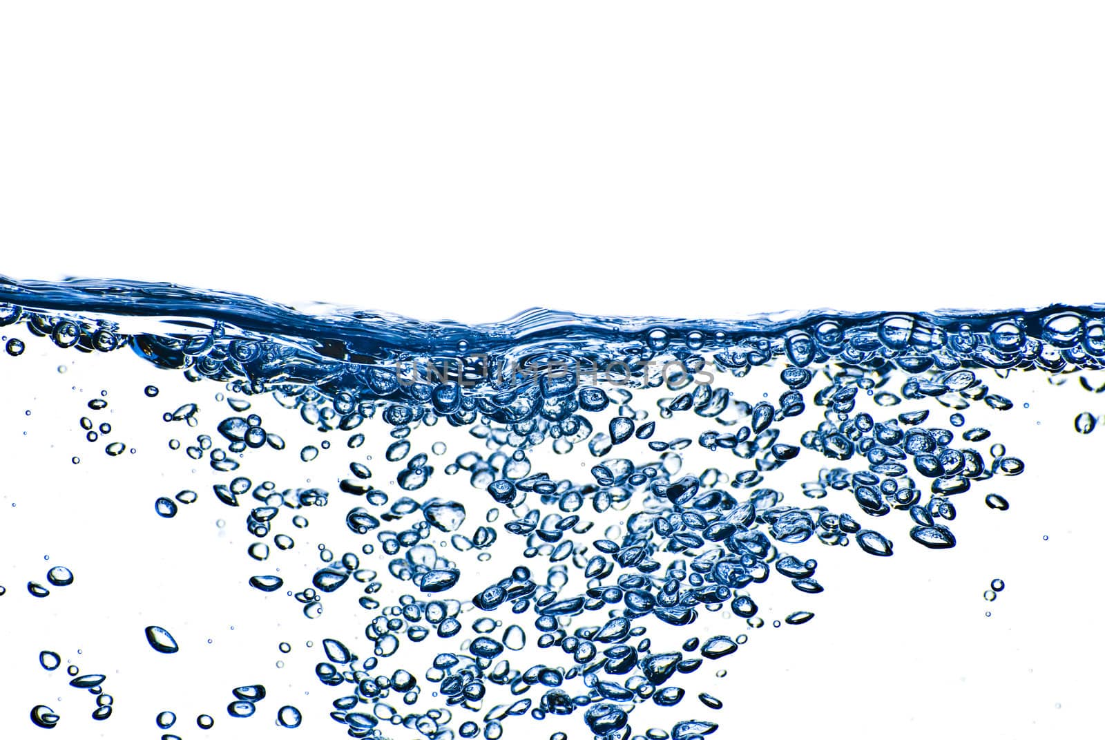 Isolated blue water splashing with bubbles and water drops - abstract blue background environmental theme