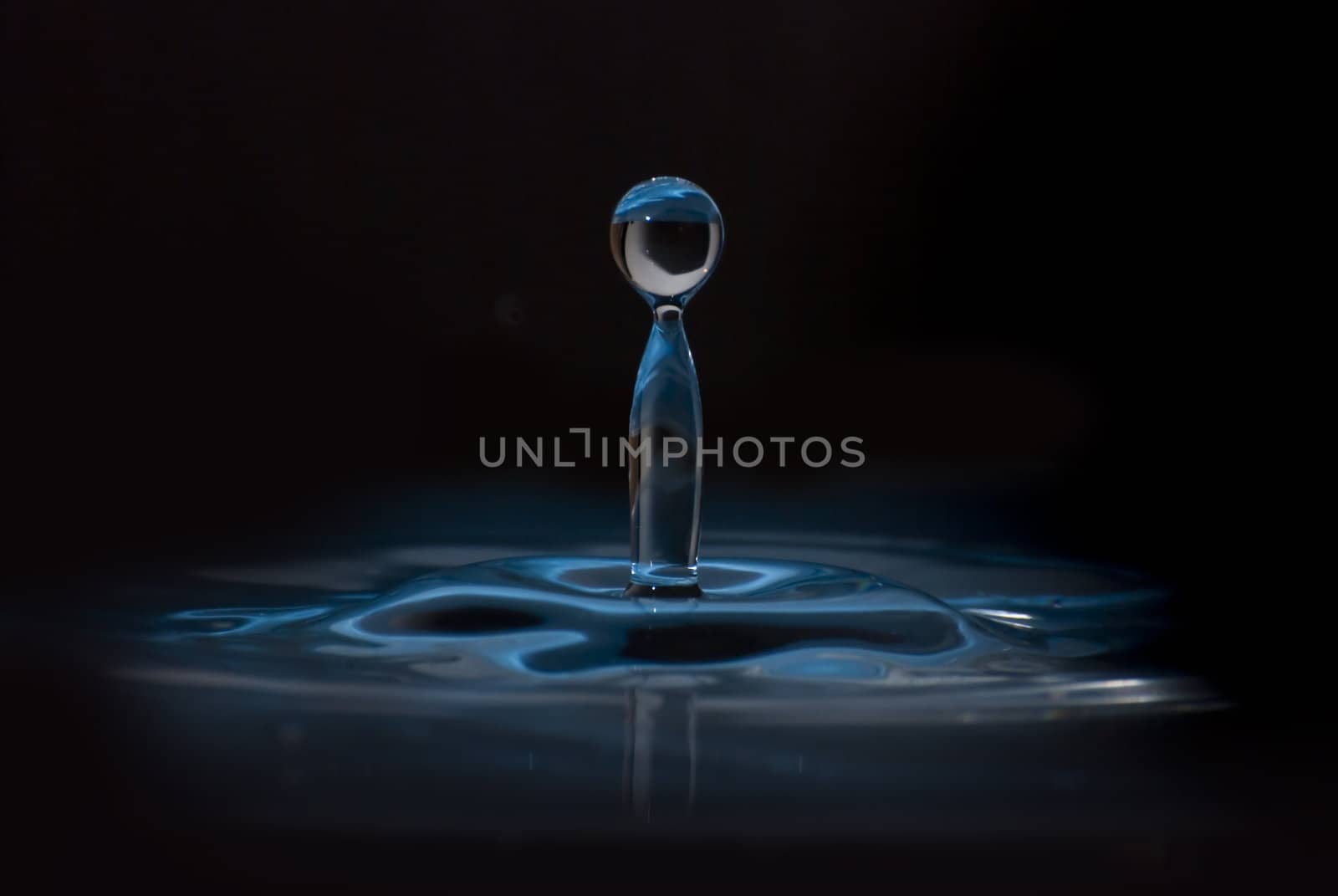 Clean blue drop of water splashing in clear water. Abstract blue environmental background.