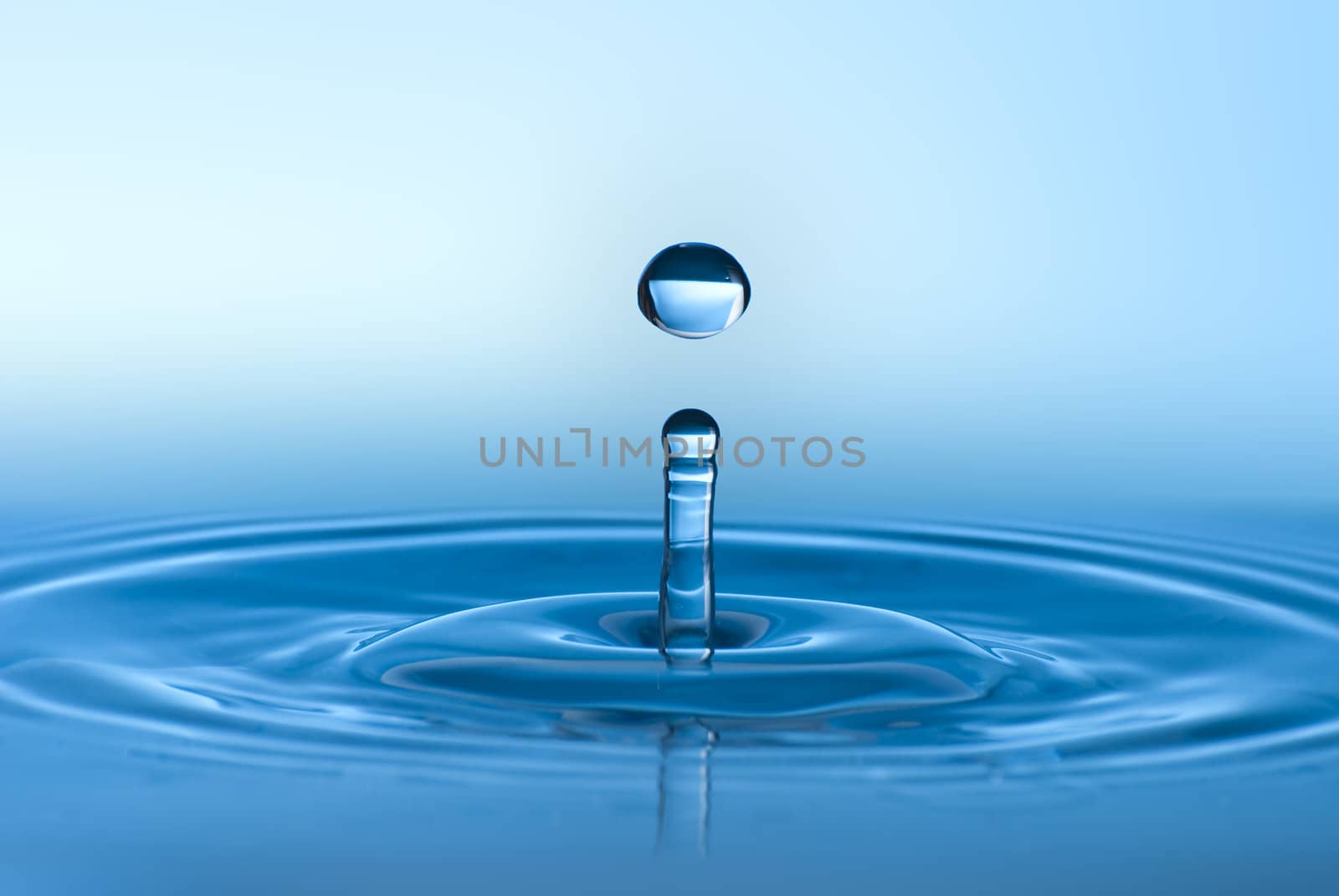 Clean blue drop of water splashing in clear water. Abstract blue by mozzyb