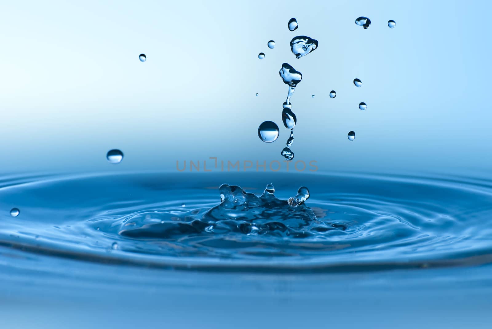 Clean blue drop of water splashing in clear water. Abstract blue environmental background.