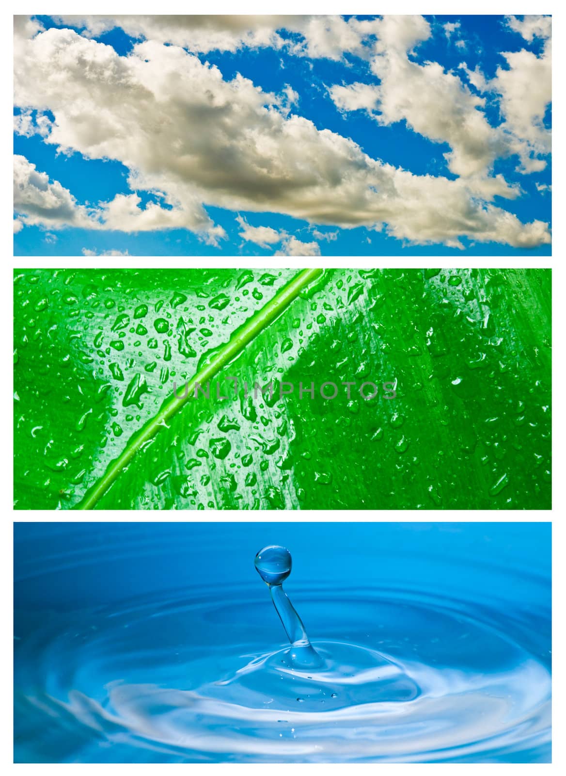 Environmental theme abstract background - gray clouds and blue sky, green leaf with rain drop, blue water drop splash in water.