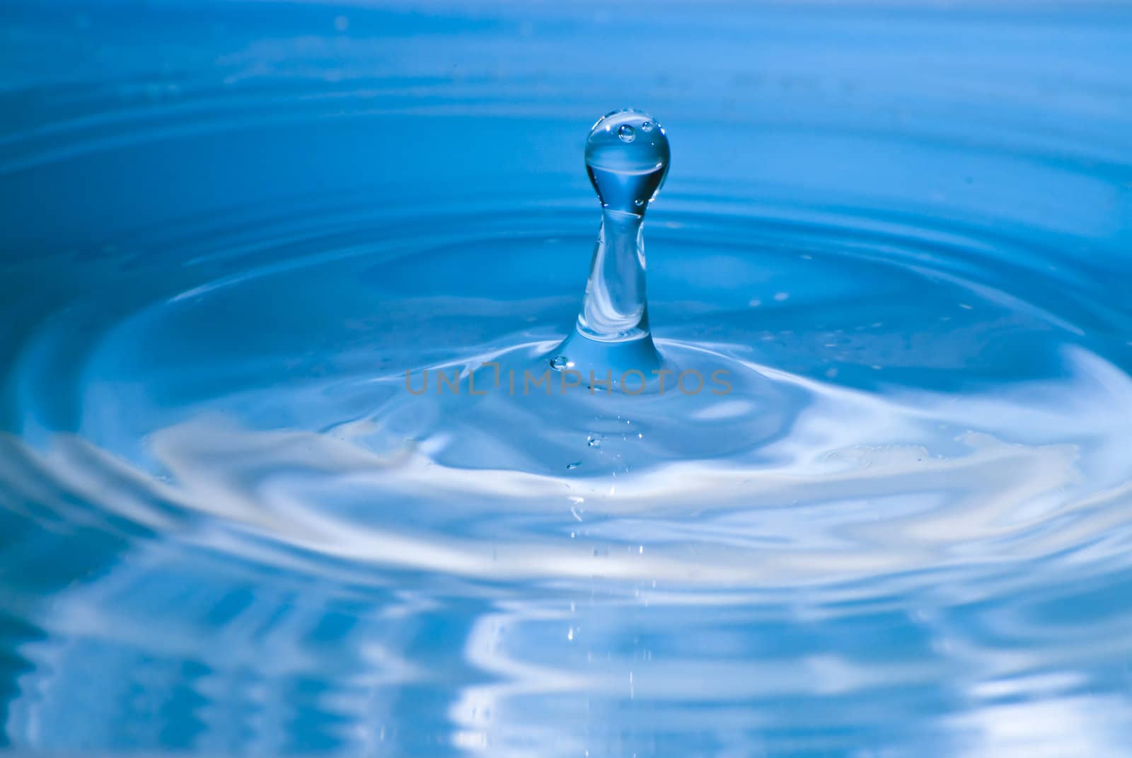 Clean blue drop of water splashing in clear water. Abstract blue environmental background.