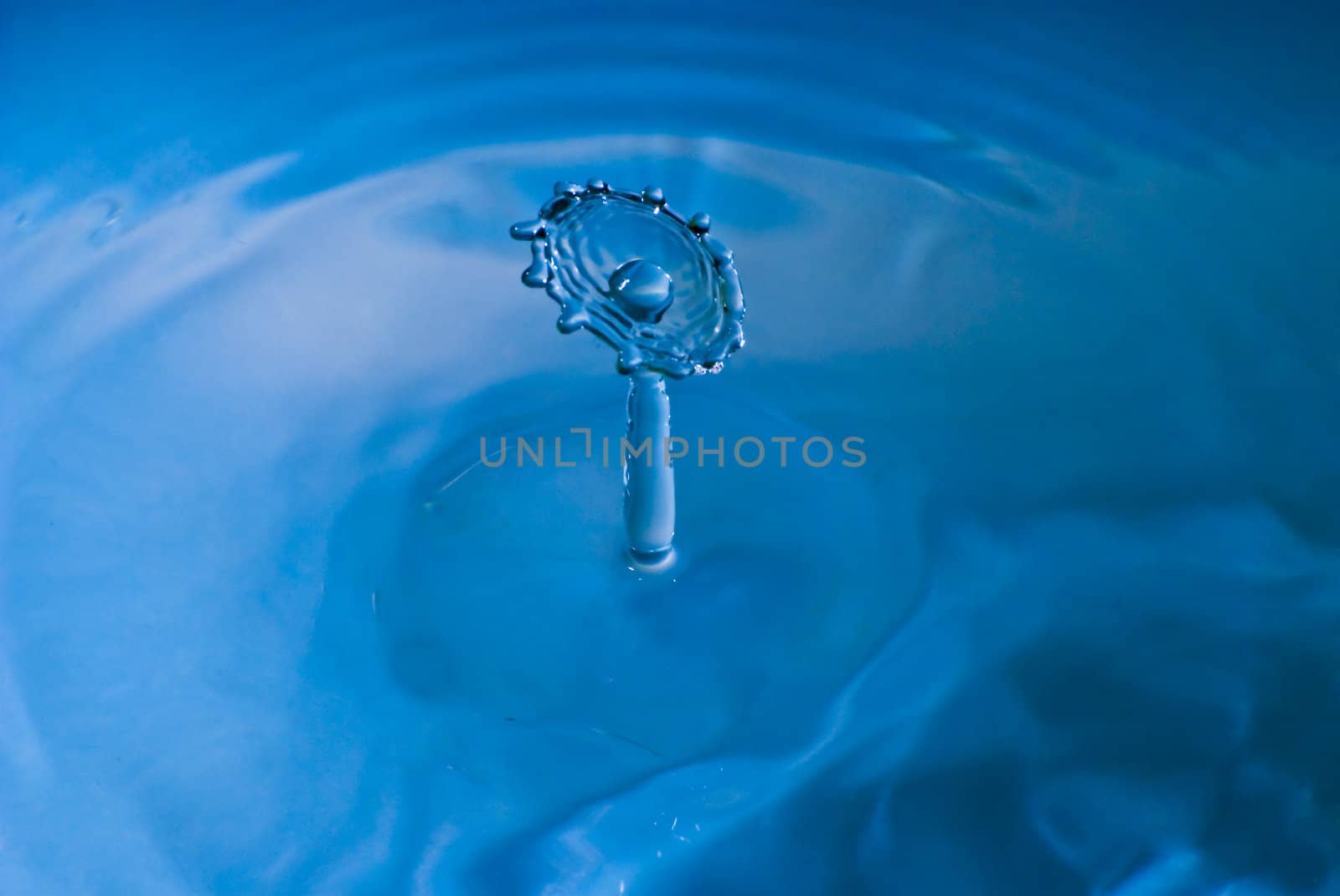 Clean blue drop of water splashing in clear water. Abstract blue environmental background.