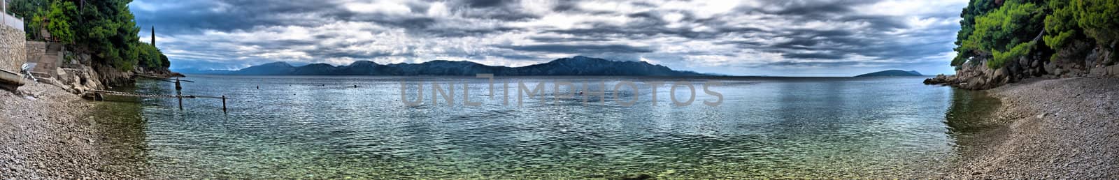  Scenic panorama view of the mountains, clouds and sea in Croatia. HDR nature background.